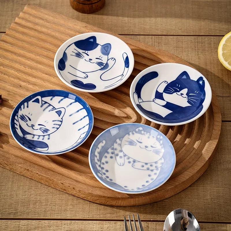 Blue Ceramic Cat Design Snack Plates Set on Luulla