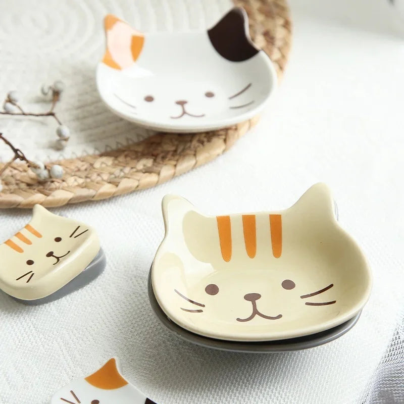 Adorable Ceramic Cat Face Plate Set on Luulla