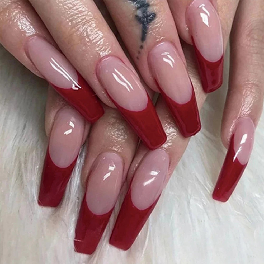 Stylish Long Red French Tips Nail Set on Luulla