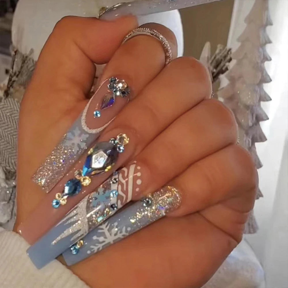 Denim Blue Rhinestone Cross Nails Set