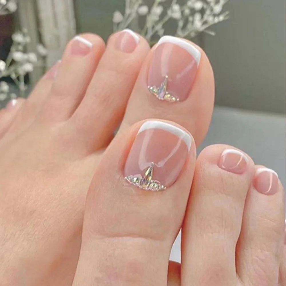 Rhinestone-embellished French Tip False Toe Nails on Luulla
