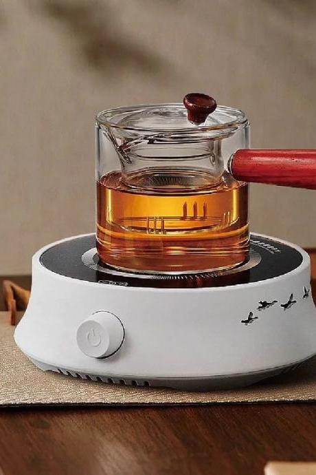 Portable Electric Glass Teapot Warmer With Wooden Handle