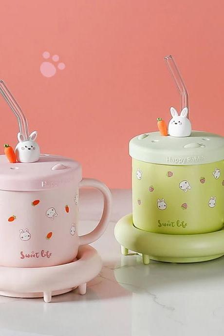 Cute Rabbit Ceramic Mug With Lid And Spoon Set