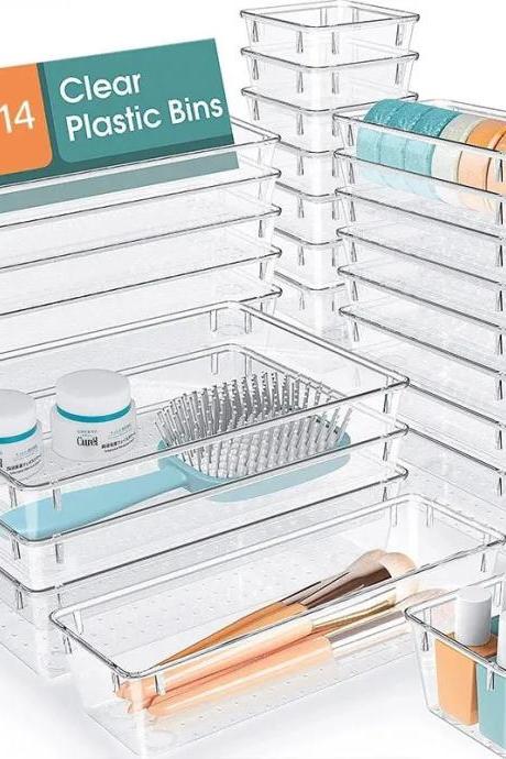 14-piece Clear Plastic Organizer Bins Set For Storage