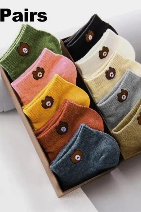 Cozy Bear-themed Cotton Ankle Socks, 10-pair Pack