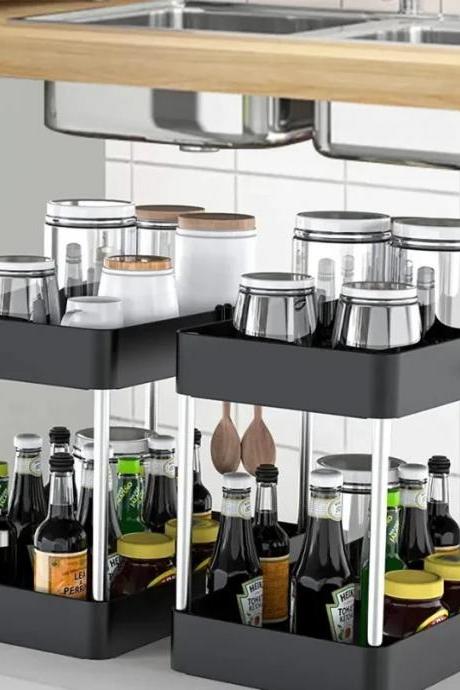 2-tier Kitchen Counter Storage Organizer Shelves With Hooks
