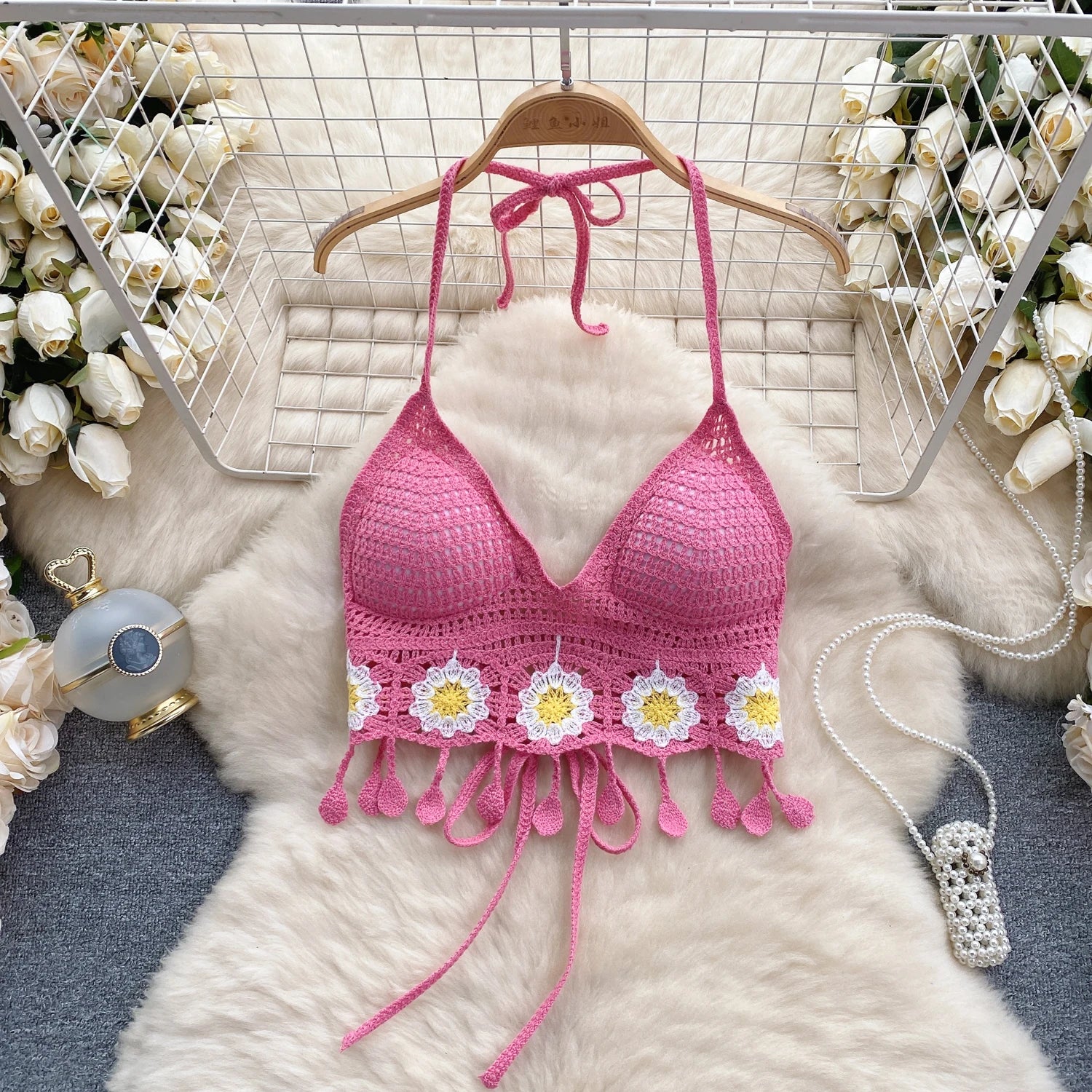 Valetta Crochet Halter Crop - Pink