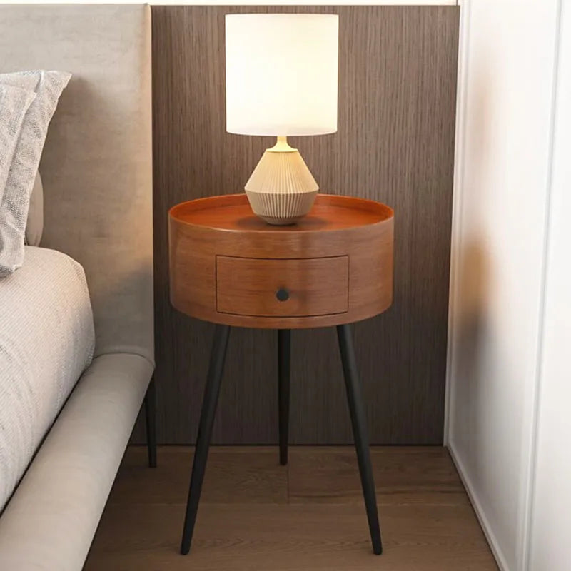 Mid-century Modern Round Wooden Nightstand With Drawer on Luulla