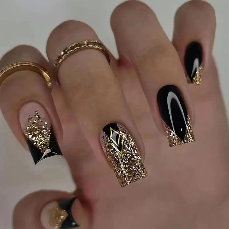 Black And Gold Glitter Nail Art Design on Luulla