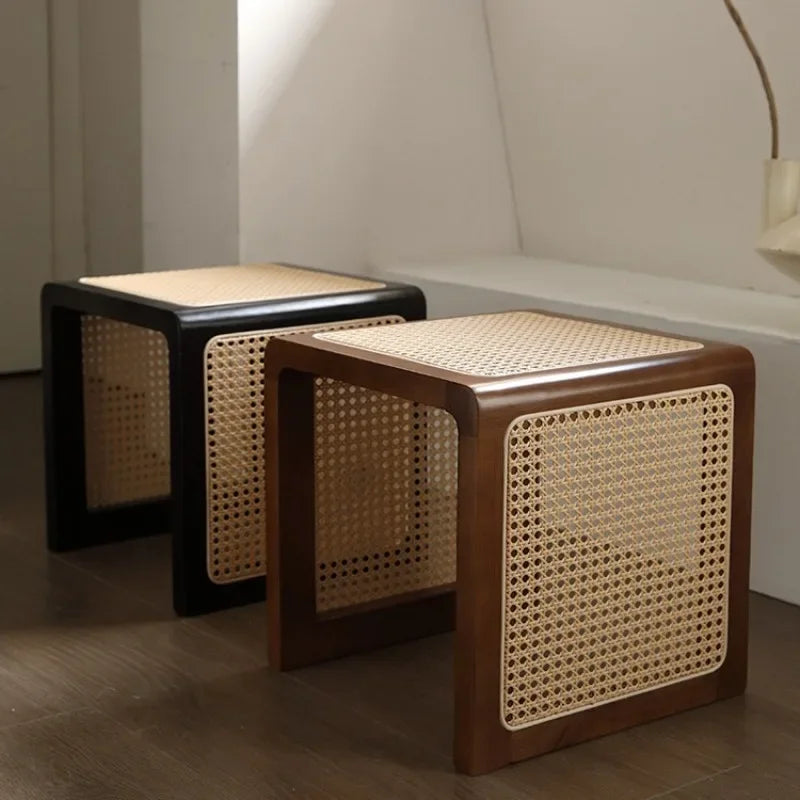 Modern Rattan Square Stools Set, Dual-toned Wood on Luulla