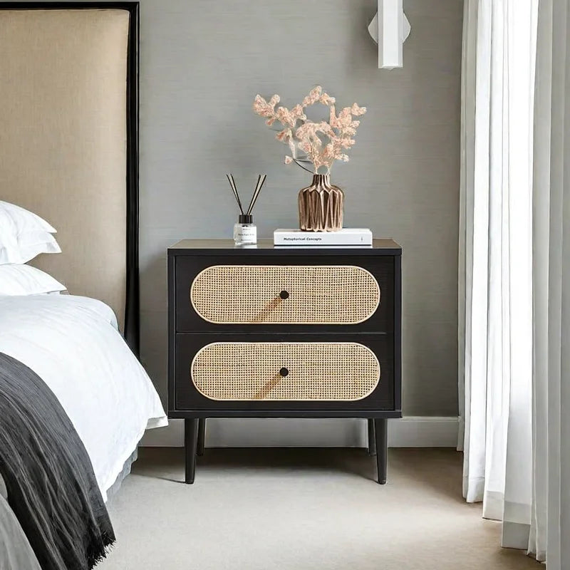 Modern Black Nightstand With Woven Rattan Drawers on Luulla